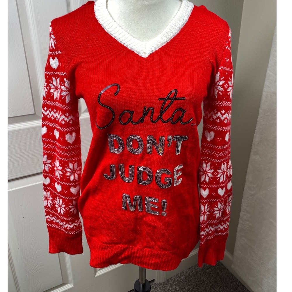 No Boundaries Women Size 7/9 Ugly Christmas Sweater Hooded‎ Santa Don't Judge Me
